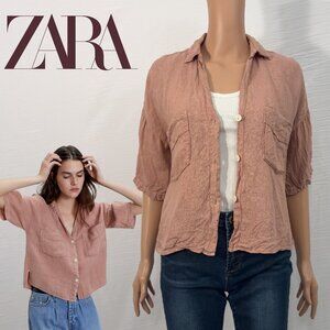 ZARA 100% Linen Relaxed Dusty Pink Cropped Button Down | Large